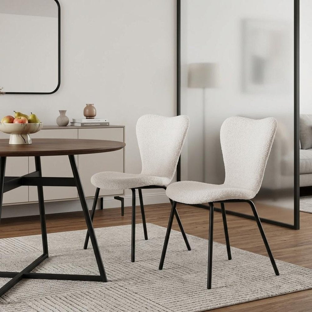 Set of Two Ivory And Black Faux Shearling And Steel Dining Side Chairs