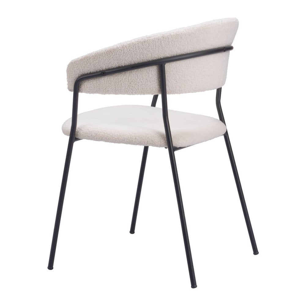 Set of Two Cream And Black Faux Fur And Wood And Steel Partially Open Back Dining Arm Chairs