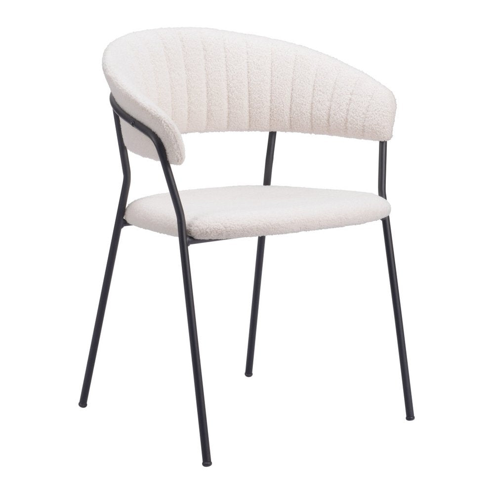 Set of Two Cream And Black Faux Fur And Wood And Steel Partially Open Back Dining Arm Chairs