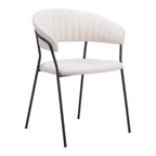 Set of Two Cream And Black Faux Fur And Wood And Steel Partially Open Back Dining Arm Chairs