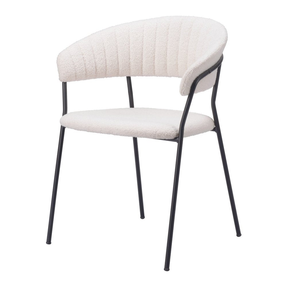 Set of Two Cream And Black Faux Fur And Wood And Steel Partially Open Back Dining Arm Chairs