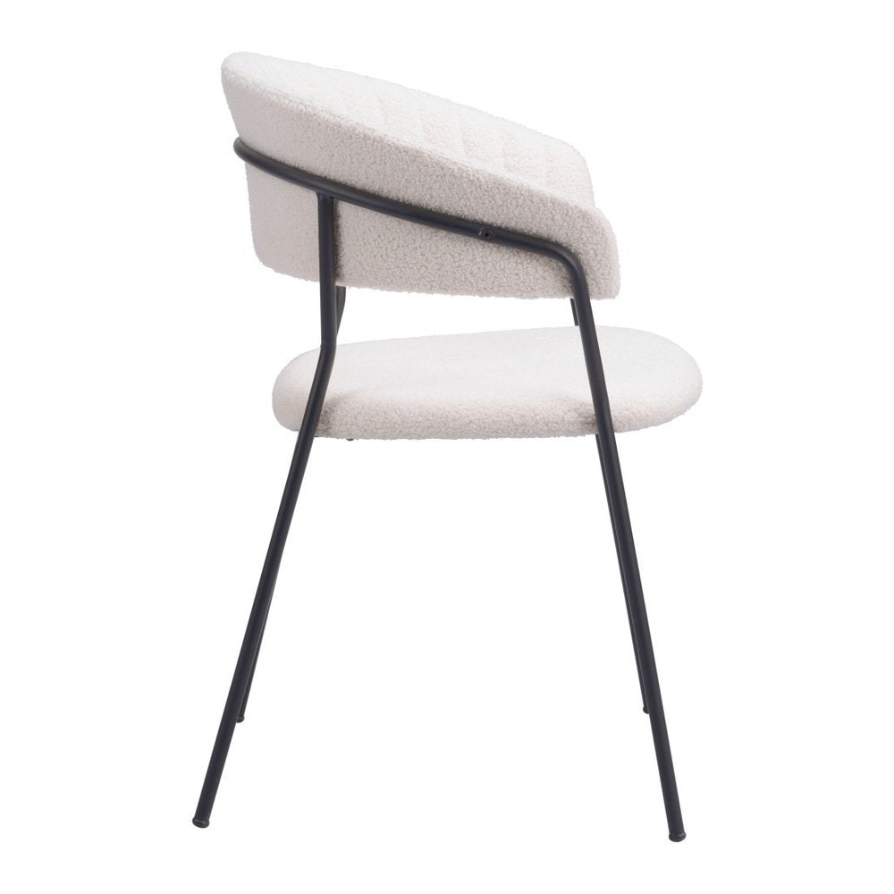 Set of Two Cream And Black Faux Fur And Wood And Steel Partially Open Back Dining Arm Chairs