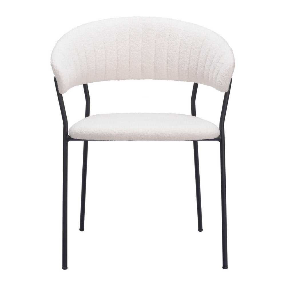 Set of Two Cream And Black Faux Fur And Wood And Steel Partially Open Back Dining Arm Chairs