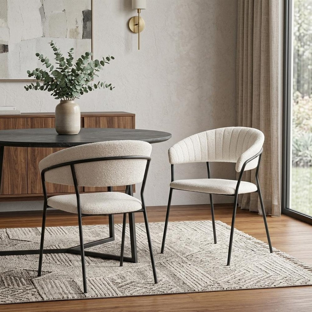 Set of Two Cream And Black Faux Fur And Wood And Steel Partially Open Back Dining Arm Chairs
