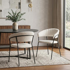 Set of Two Cream And Black Faux Fur And Wood And Steel Partially Open Back Dining Arm Chairs