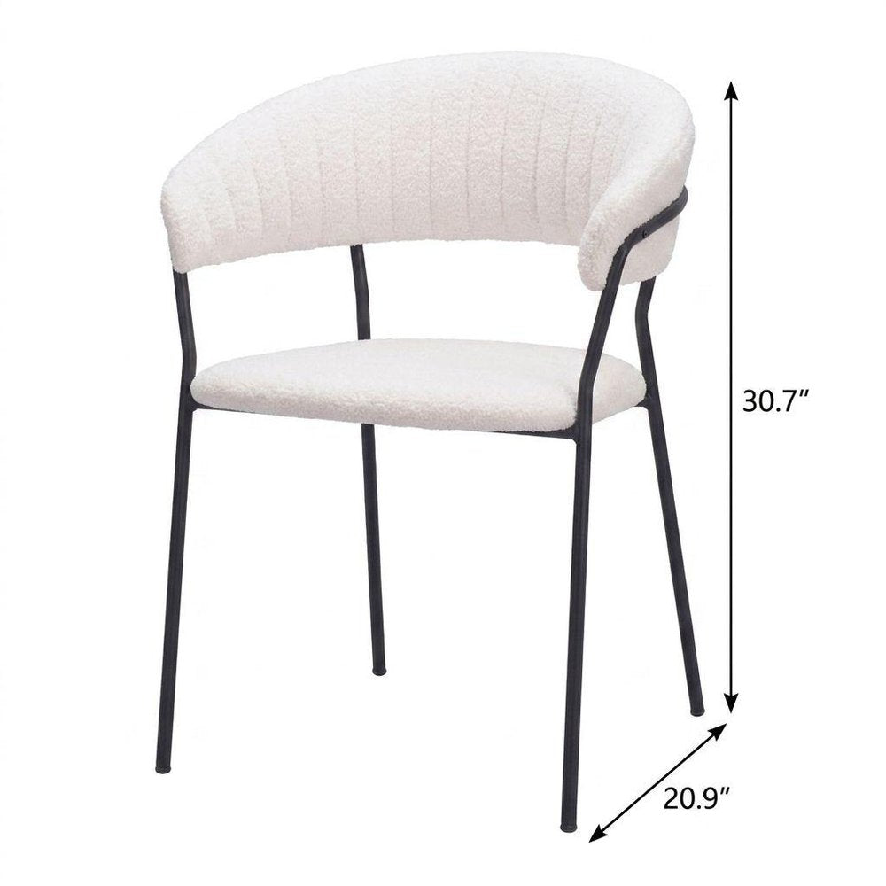 Set of Two Cream And Black Faux Fur And Wood And Steel Partially Open Back Dining Arm Chairs