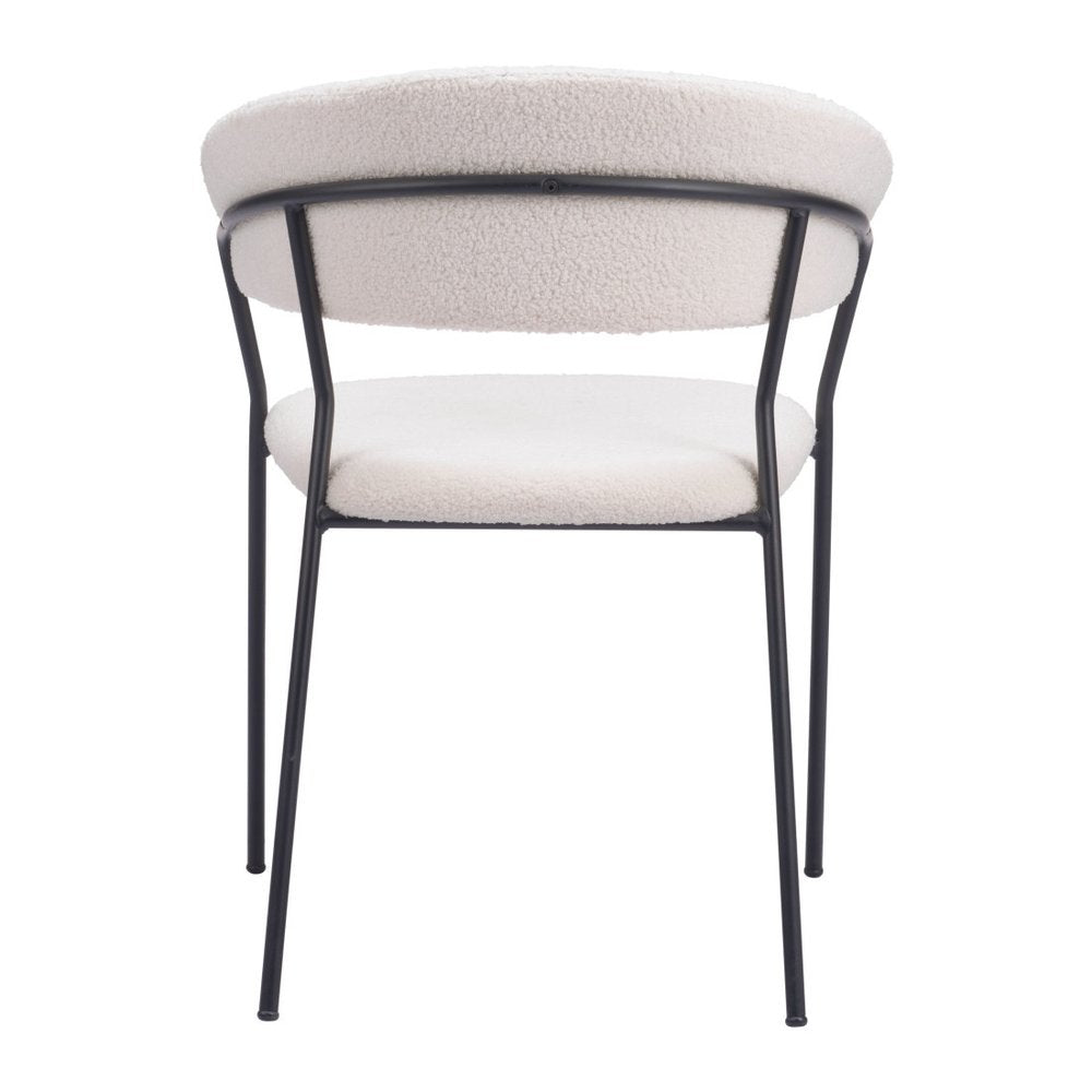Set of Two Cream And Black Faux Fur And Wood And Steel Partially Open Back Dining Arm Chairs
