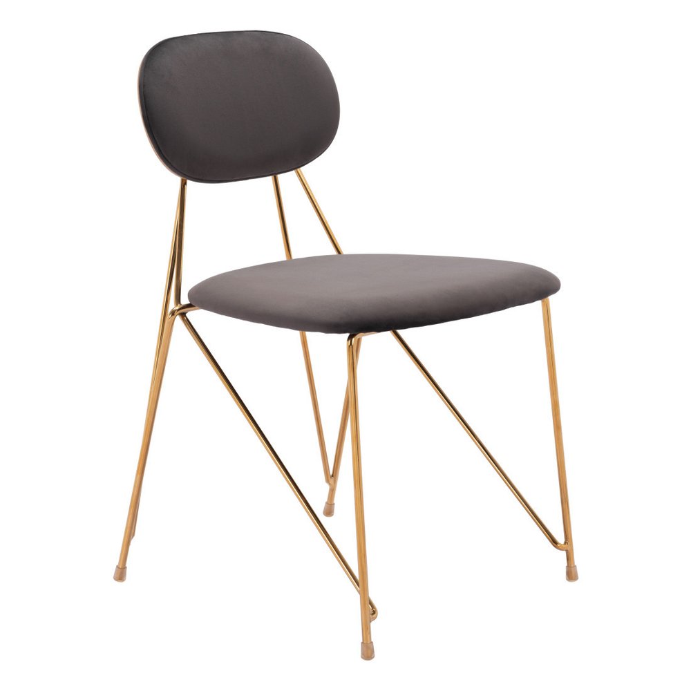 Set of Two Gray And Gold Velvet And Wood And Steel Open Back Dining Side Chairs