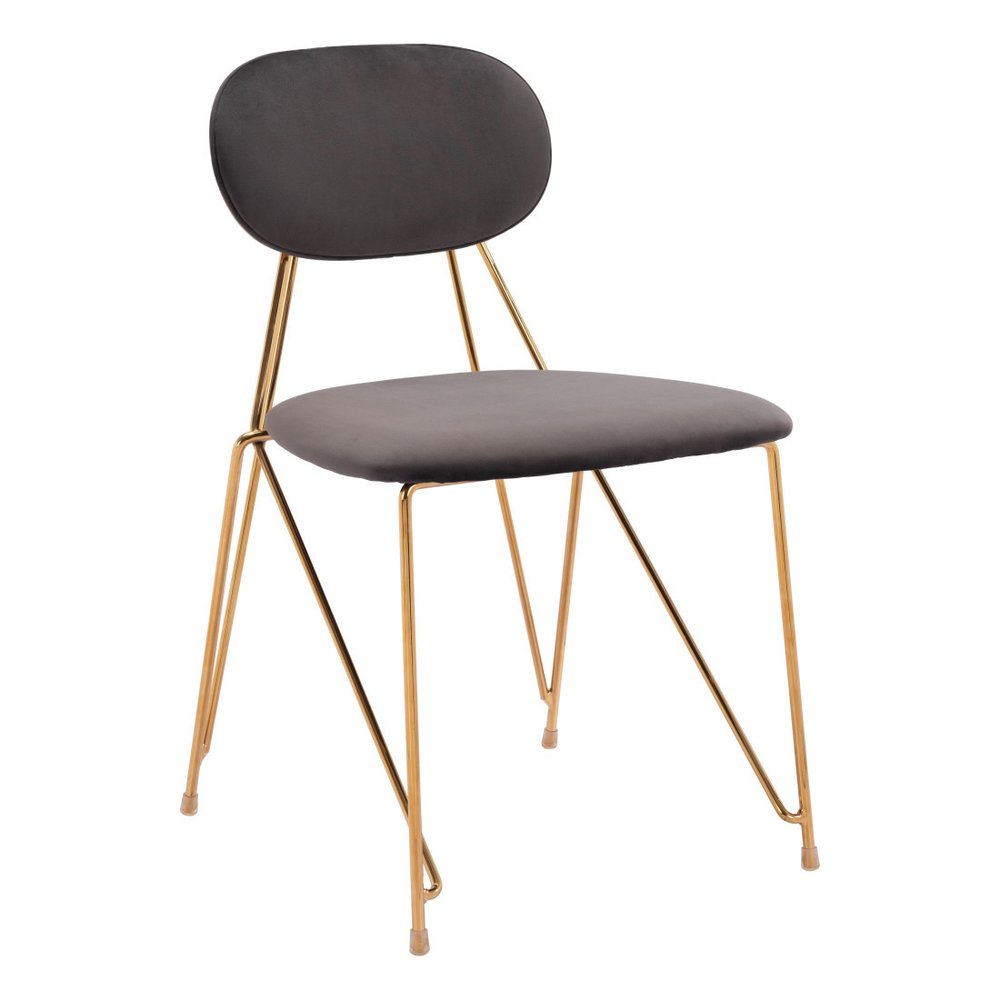 Set of Two Gray And Gold Velvet And Wood And Steel Open Back Dining Side Chairs