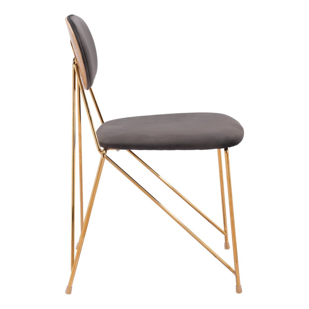 Set of Two Gray And Gold Velvet And Wood And Steel Open Back Dining Side Chairs