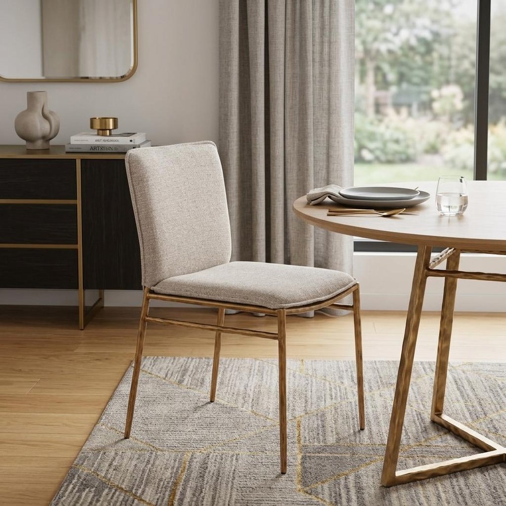 Beige And Gold Upholstery And Steel Dining Side Chair