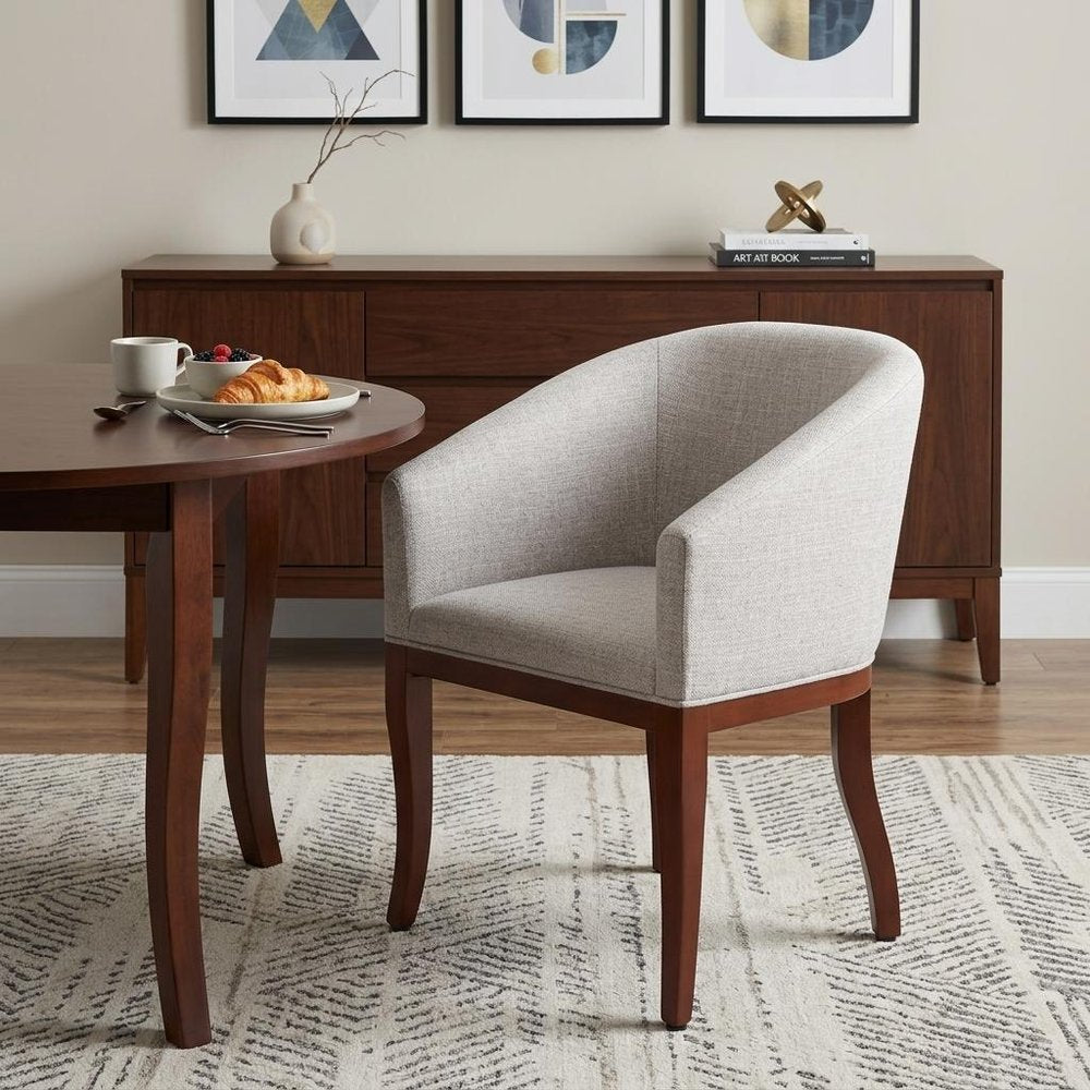 Gray And Brown Upholstery And Wood Dining Arm Chair