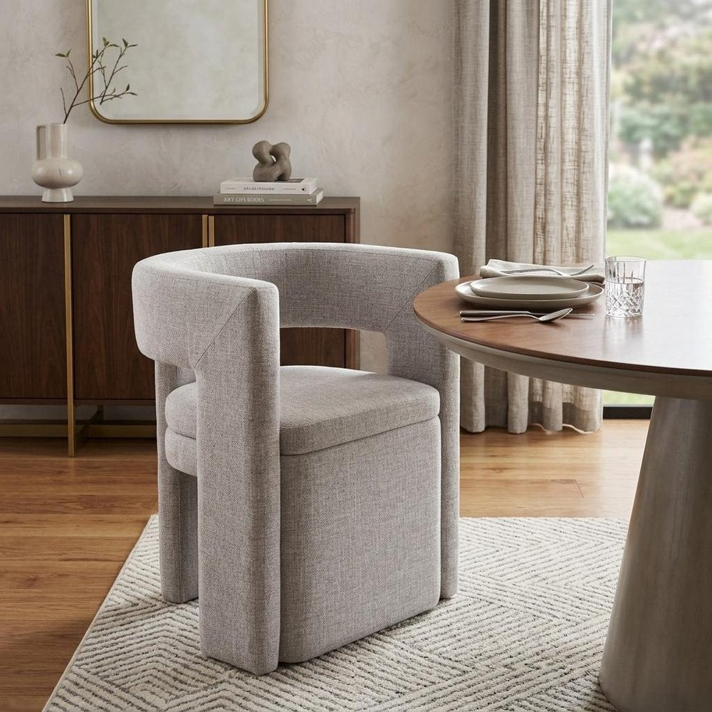 Gray Upholstery And Wood Open Back Dining Arm Chair