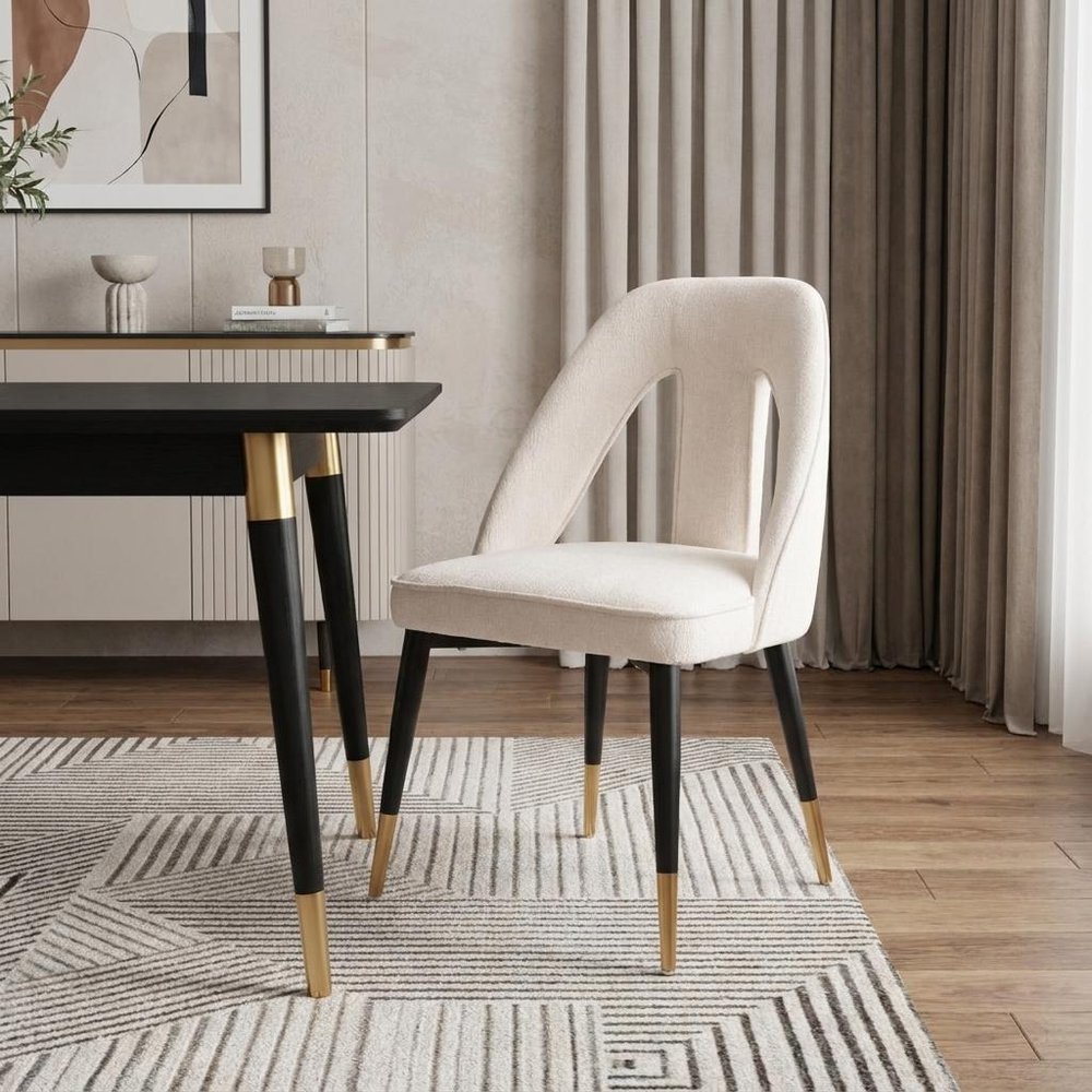 Ivory Black And Gold Faux Shearling And Wood And Steel Open Back Dining Side Chair