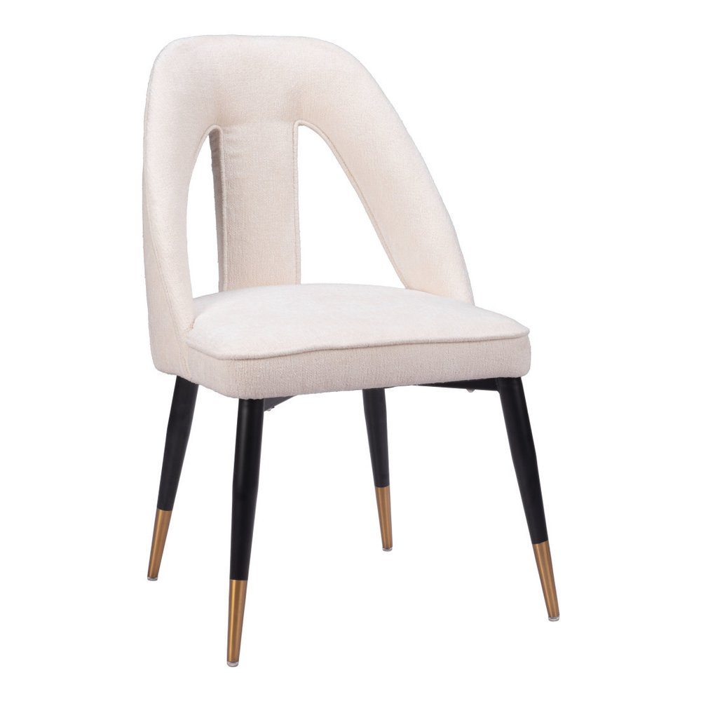 Ivory Black And Gold Faux Shearling And Wood And Steel Open Back Dining Side Chair