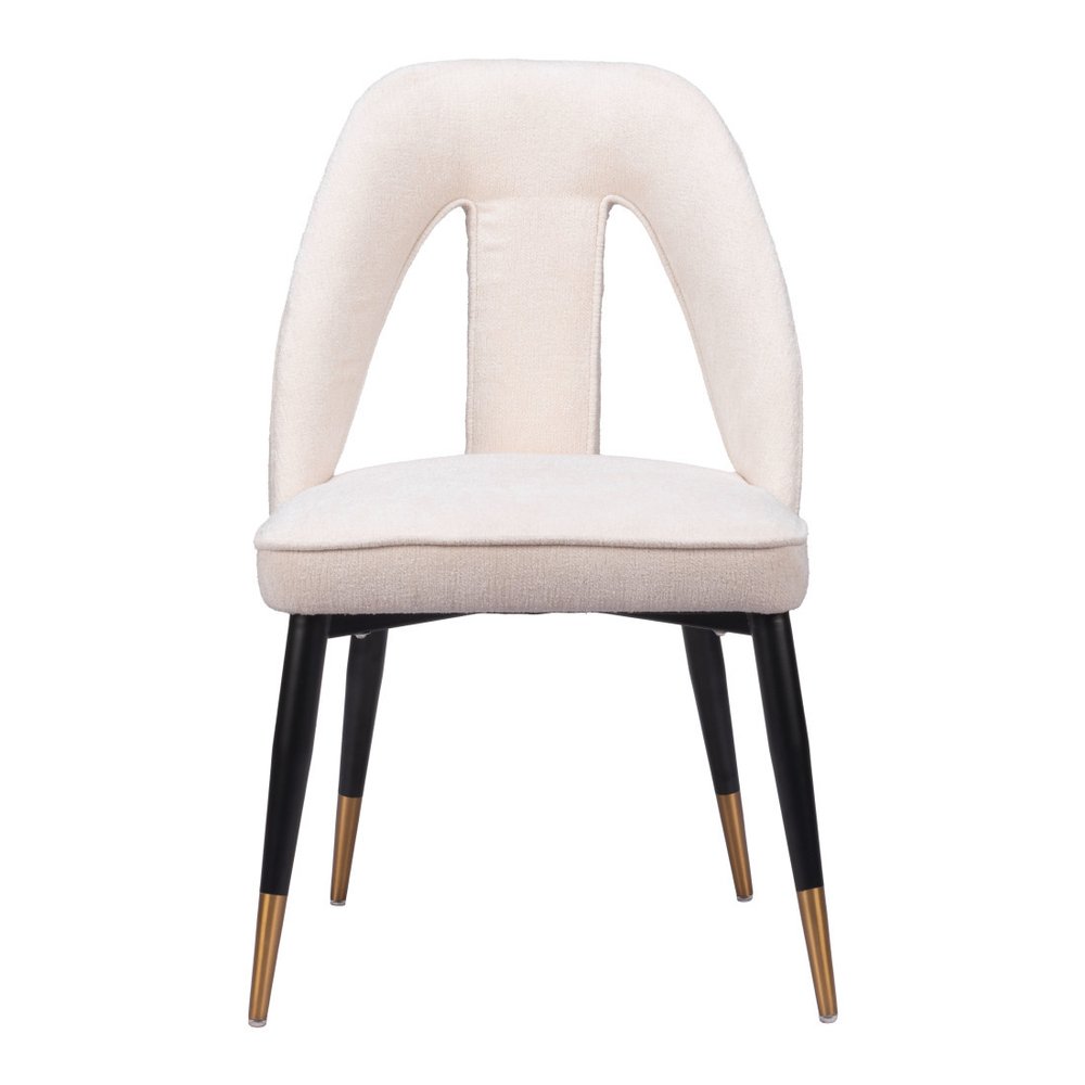 Ivory Black And Gold Faux Shearling And Wood And Steel Open Back Dining Side Chair