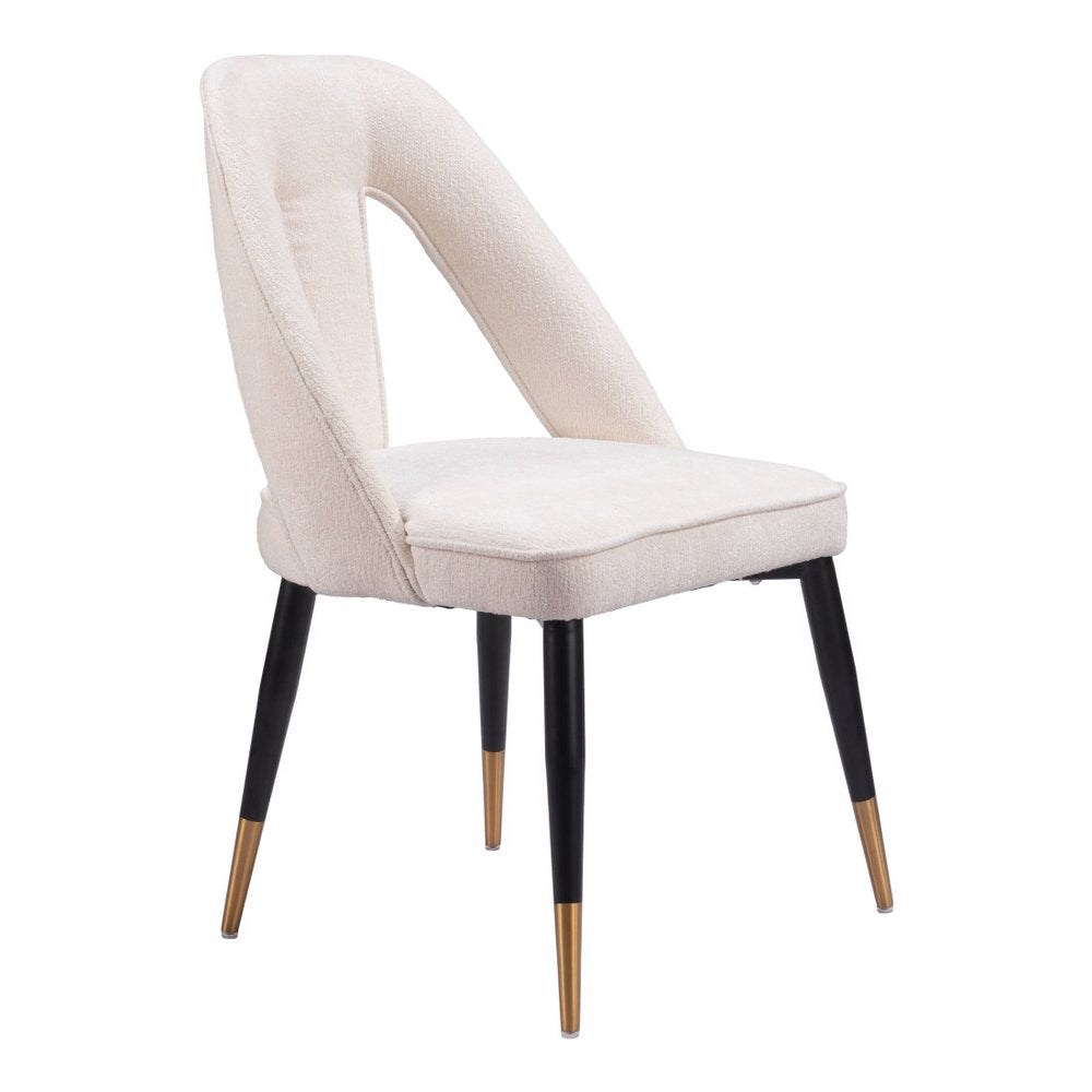 Ivory Black And Gold Faux Shearling And Wood And Steel Open Back Dining Side Chair
