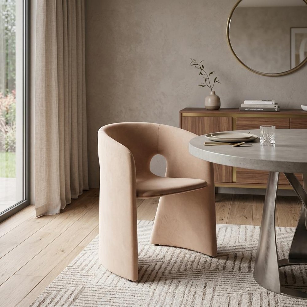 Tan And Beige Fabric And Steel Partially Open Back Dining Arm Chair
