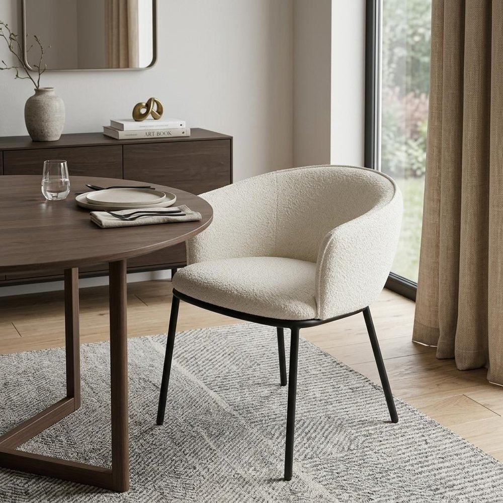 Ivory And Black Faux Shearling And Wood And Steel Dining Arm Chair