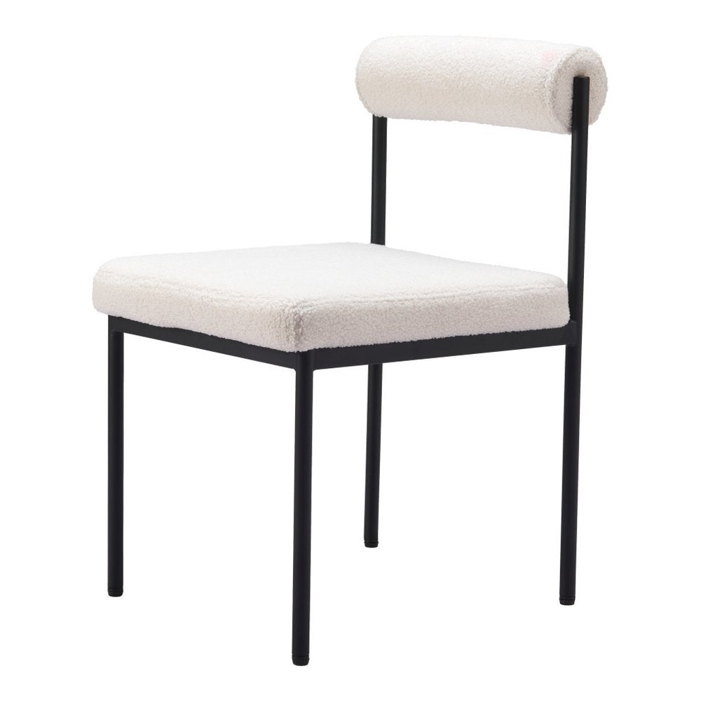 Ivory And Black Faux Shearling And Wood And Steel Open Back Dining Side Chair