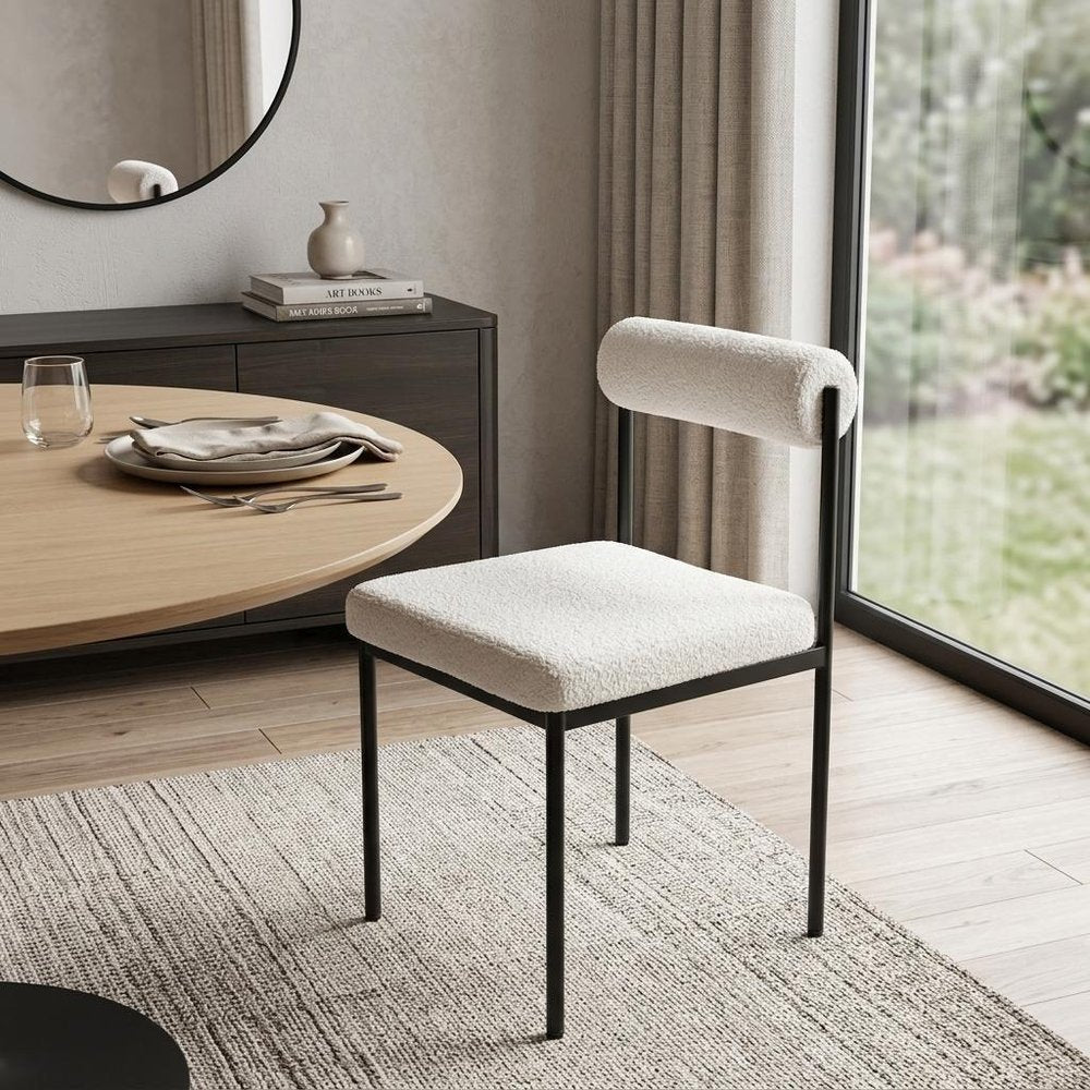 Ivory And Black Faux Shearling And Wood And Steel Open Back Dining Side Chair