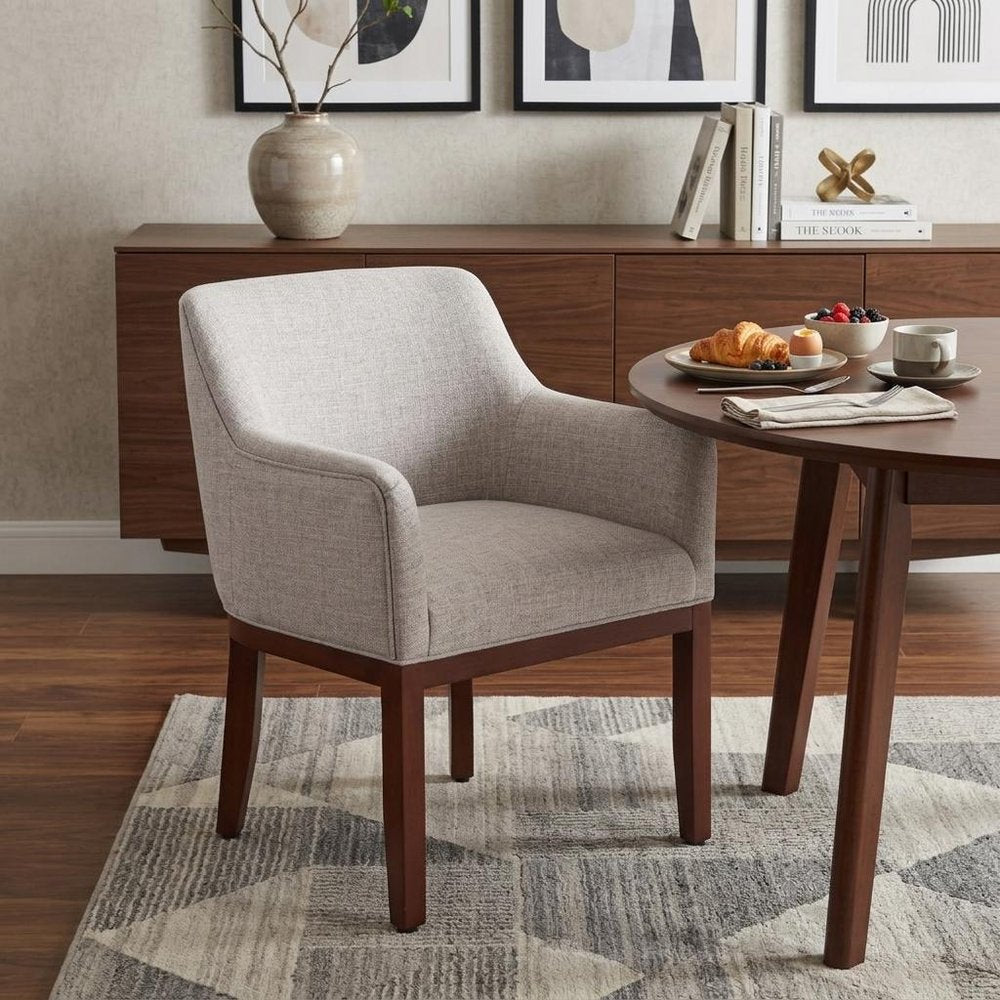 Gray And Brown Upholstery And Wood Dining Arm Chair