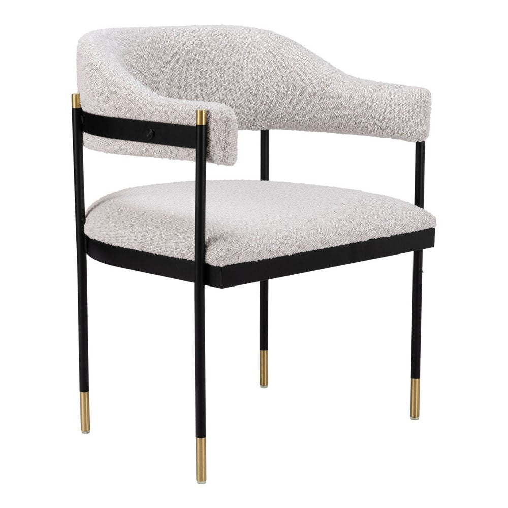 Gray Black And Gold Faux Shearling And Wood And Steel Partially Open Back Dining Arm Chair