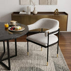 Gray Black And Gold Faux Shearling And Wood And Steel Partially Open Back Dining Arm Chair