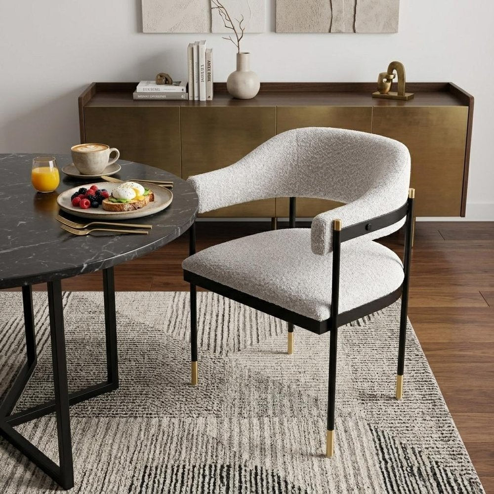 Gray Black And Gold Faux Shearling And Wood And Steel Partially Open Back Dining Arm Chair