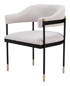 Gray Black And Gold Faux Shearling And Wood And Steel Partially Open Back Dining Arm Chair