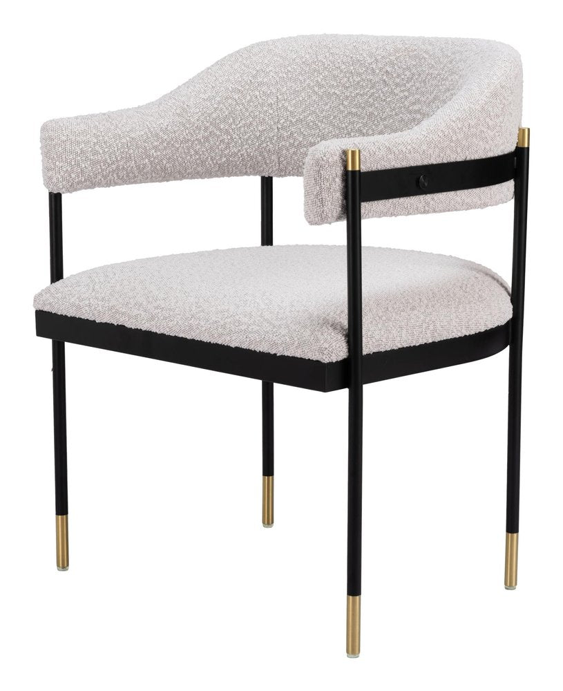 Gray Black And Gold Faux Shearling And Wood And Steel Partially Open Back Dining Arm Chair