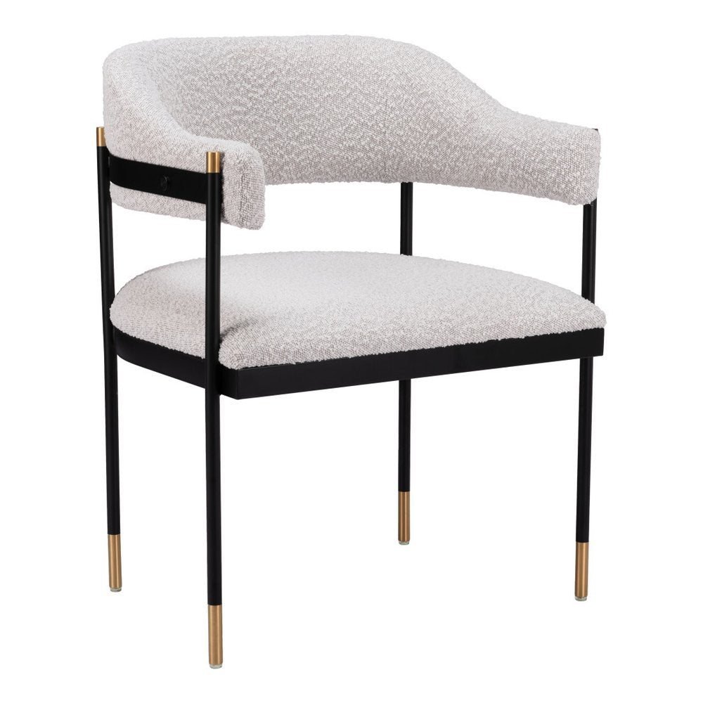 Gray Black And Gold Faux Shearling And Wood And Steel Partially Open Back Dining Arm Chair