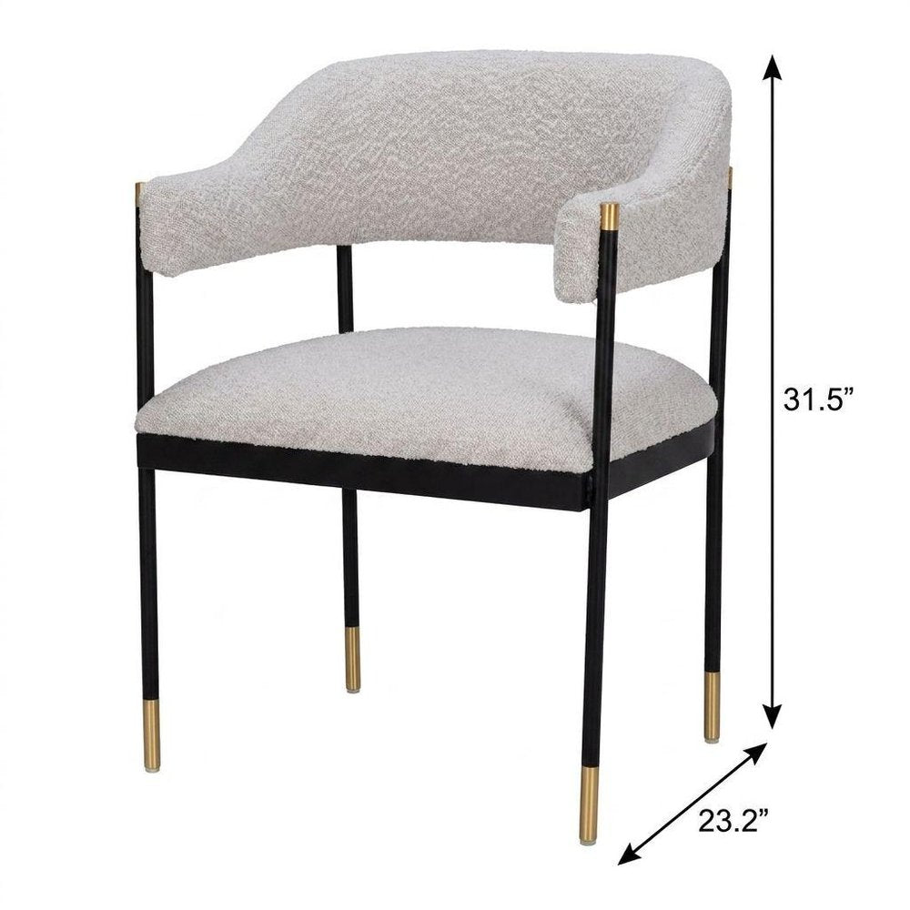 Gray Black And Gold Faux Shearling And Wood And Steel Partially Open Back Dining Arm Chair