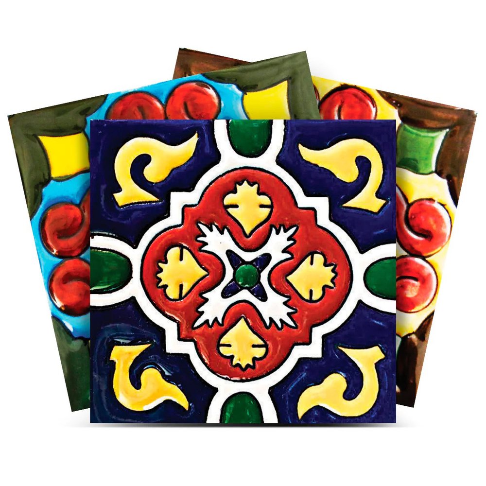 12" x 12" Blue And Red Vinyl Arabesque Peel And Stick Removable Tiles