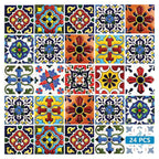 12" x 12" Blue And Red Vinyl Arabesque Peel And Stick Removable Tiles