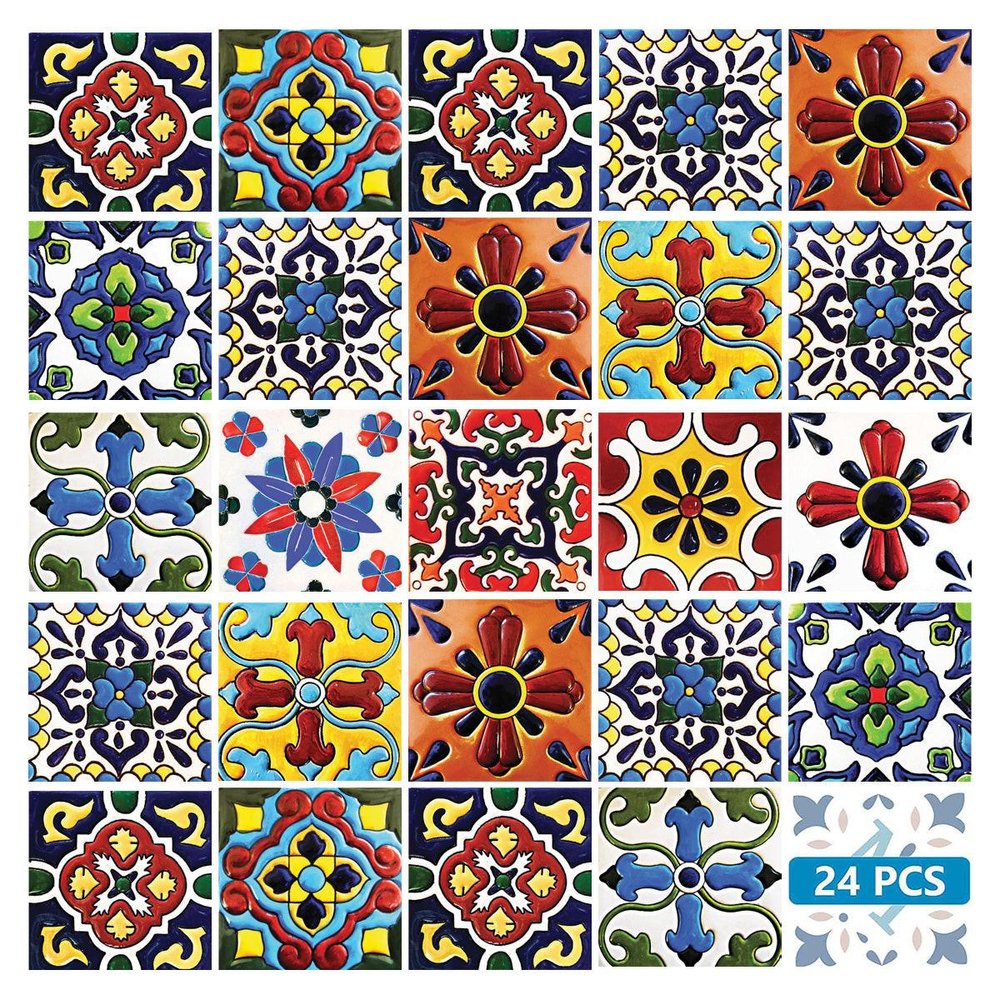 12" x 12" Blue And Red Vinyl Arabesque Peel And Stick Removable Tiles