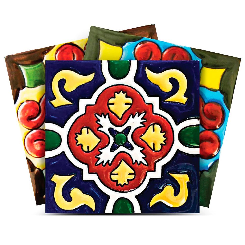 12" x 12" Blue And Red Vinyl Arabesque Peel And Stick Removable Tiles
