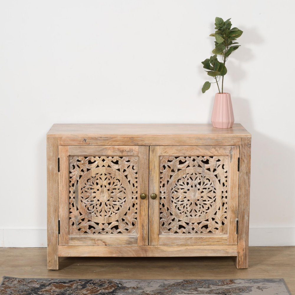 30" Natural Solid Wood Textured Door Accent Cabinet With Two Doors