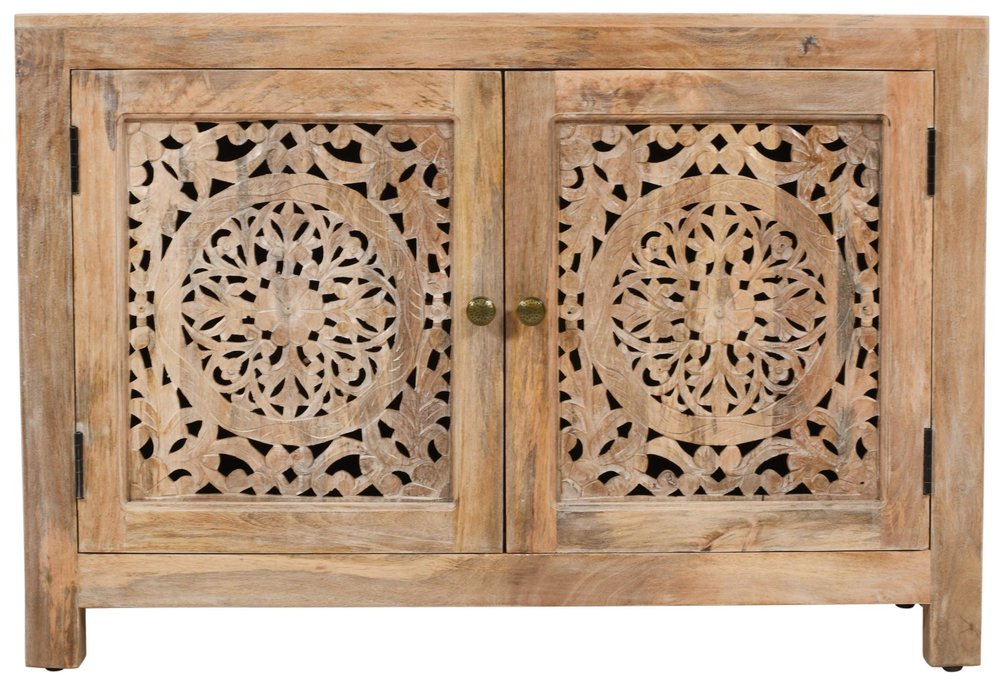 30" Natural Solid Wood Textured Door Accent Cabinet With Two Doors