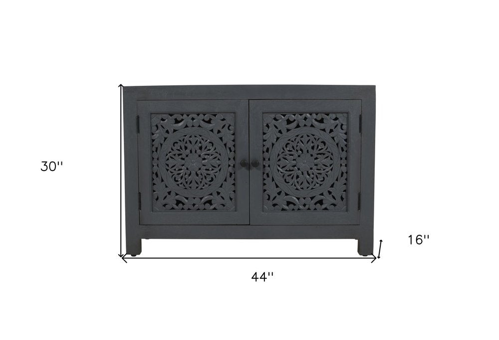 30" Gray Distressed Solid Wood Textured Door Accent Cabinet With Two Doors