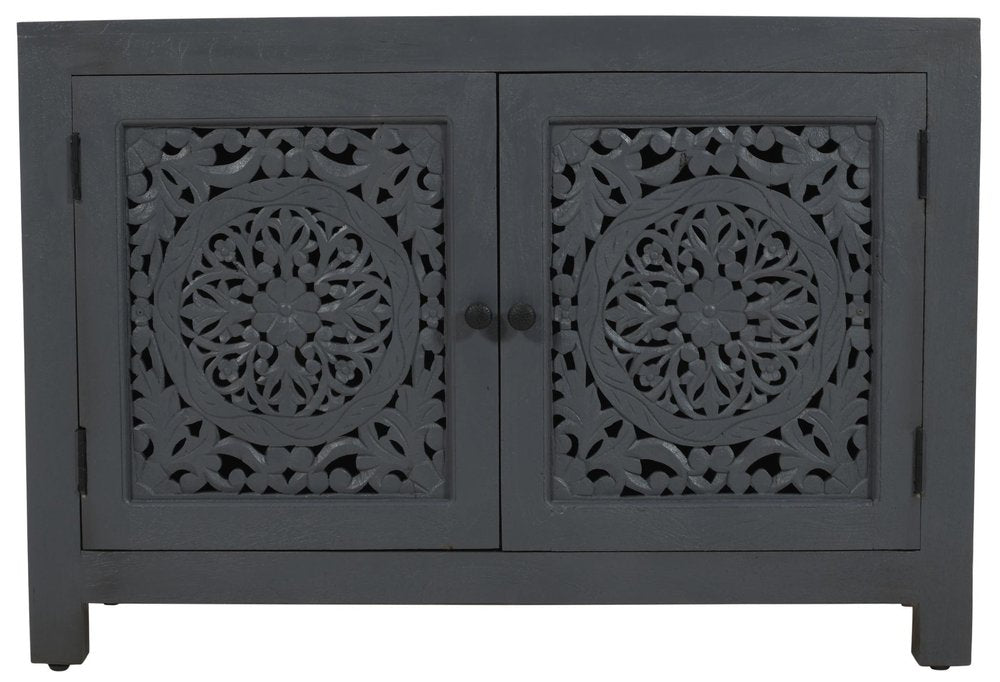 30" Gray Distressed Solid Wood Textured Door Accent Cabinet With Two Doors