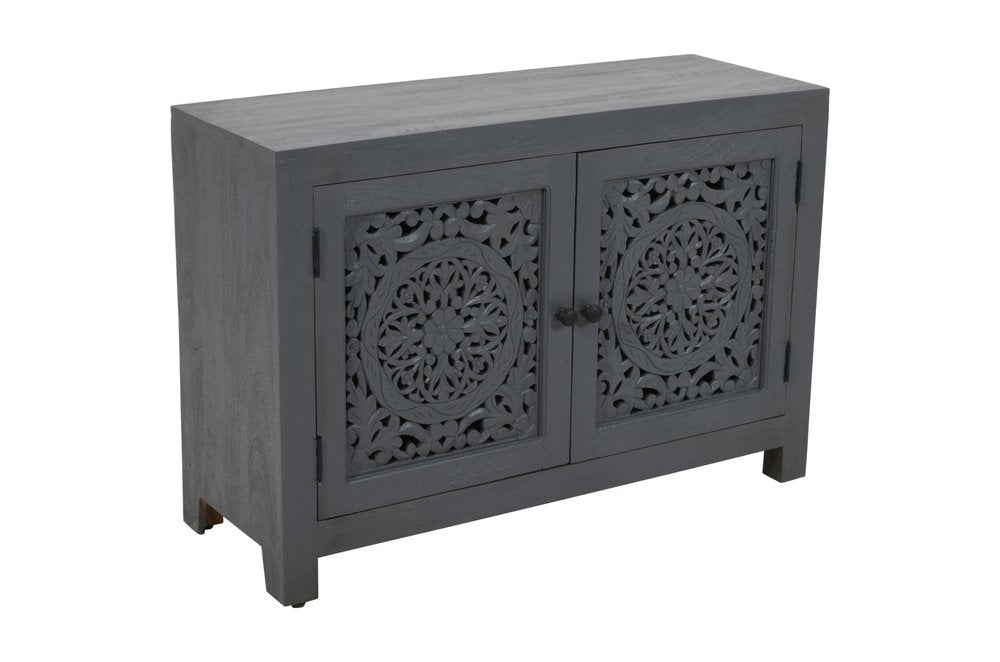 30" Gray Distressed Solid Wood Textured Door Accent Cabinet With Two Doors
