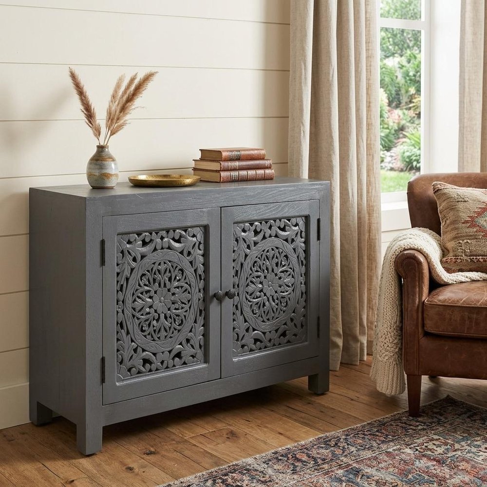 30" Gray Distressed Solid Wood Textured Door Accent Cabinet With Two Doors