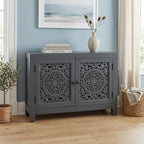 30" Gray Distressed Solid Wood Textured Door Accent Cabinet With Two Doors