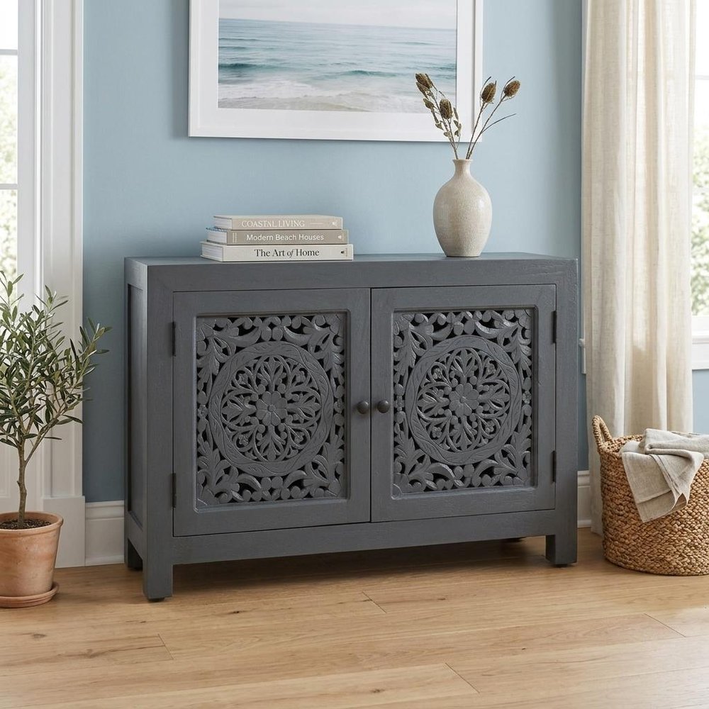 30" Gray Distressed Solid Wood Textured Door Accent Cabinet With Two Doors