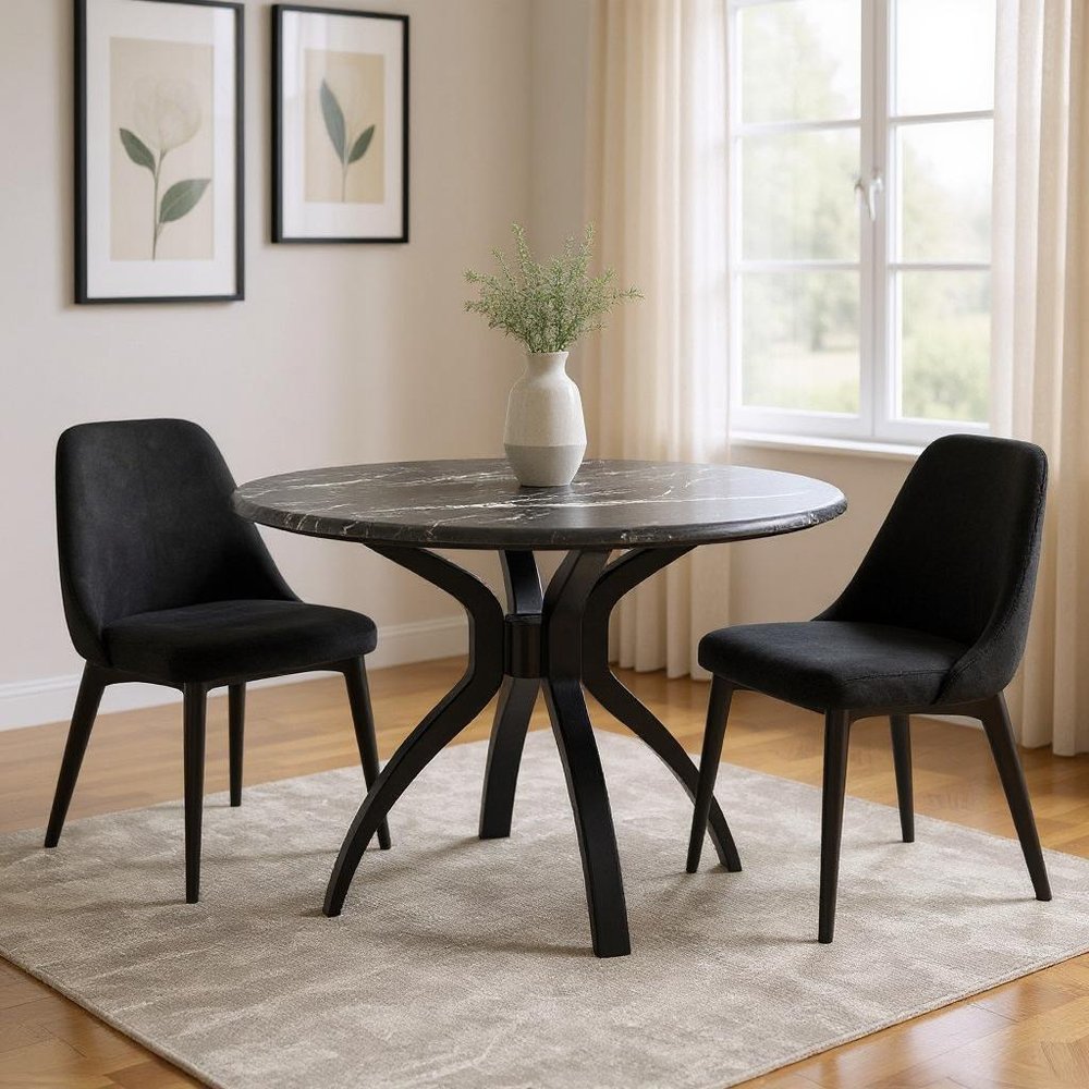 50" Black Faux Marble and Steel Pedestal Base Round Top Dining Table