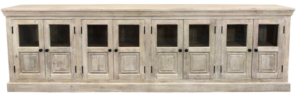 118" Antiqued White Distressed Solid Wood Sideboard with 8 Glass Doors