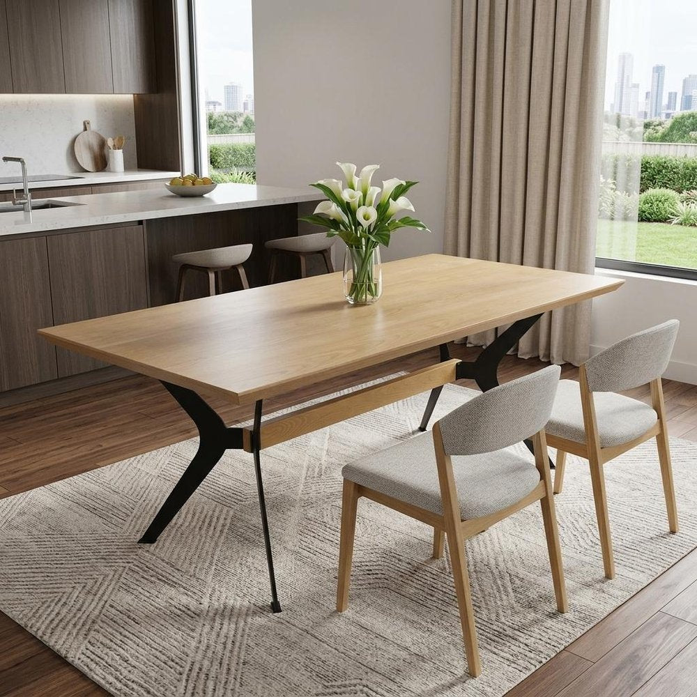 79" Brown and Red Wood and Metal Trestle Base Dining Table