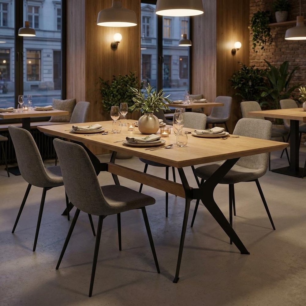 79" Brown and Red Wood and Metal Trestle Base Dining Table