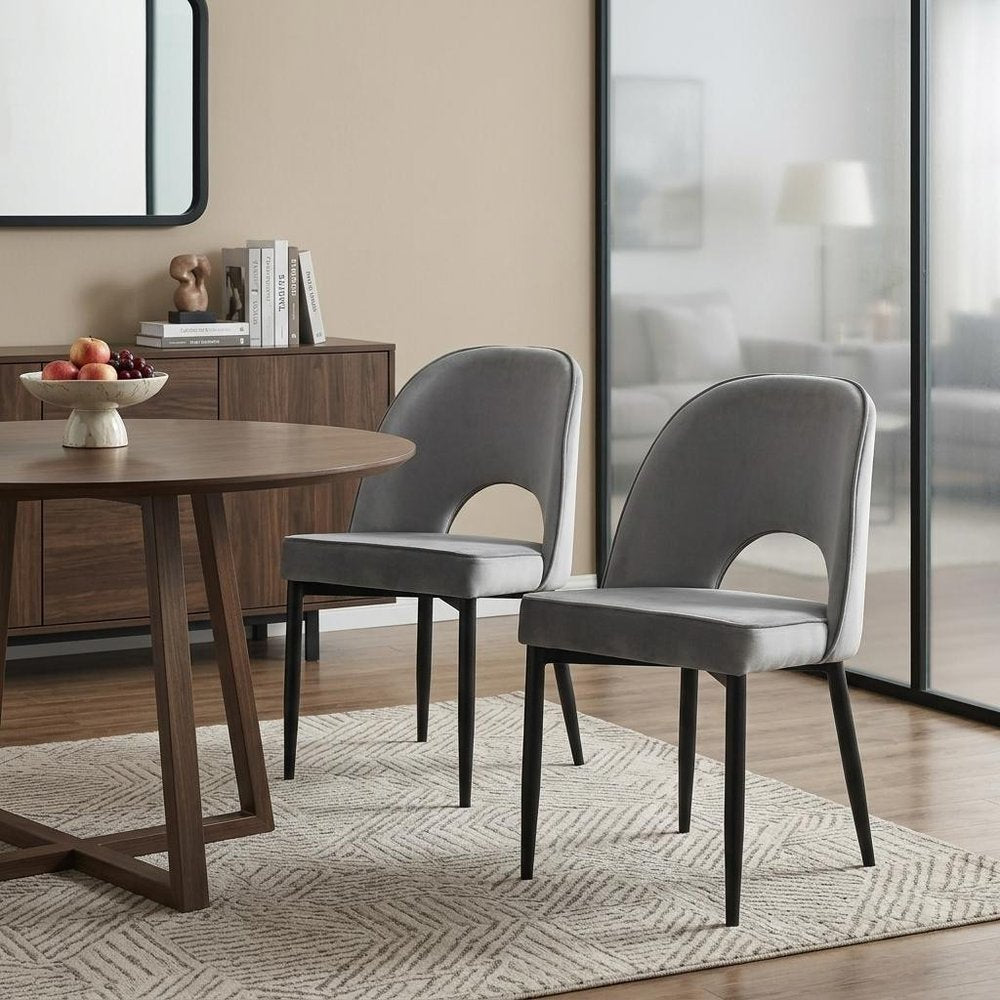 Set of Two Gray And Black Slipcovered Velvet And Wood Partially Open Back Dining Side Chairs